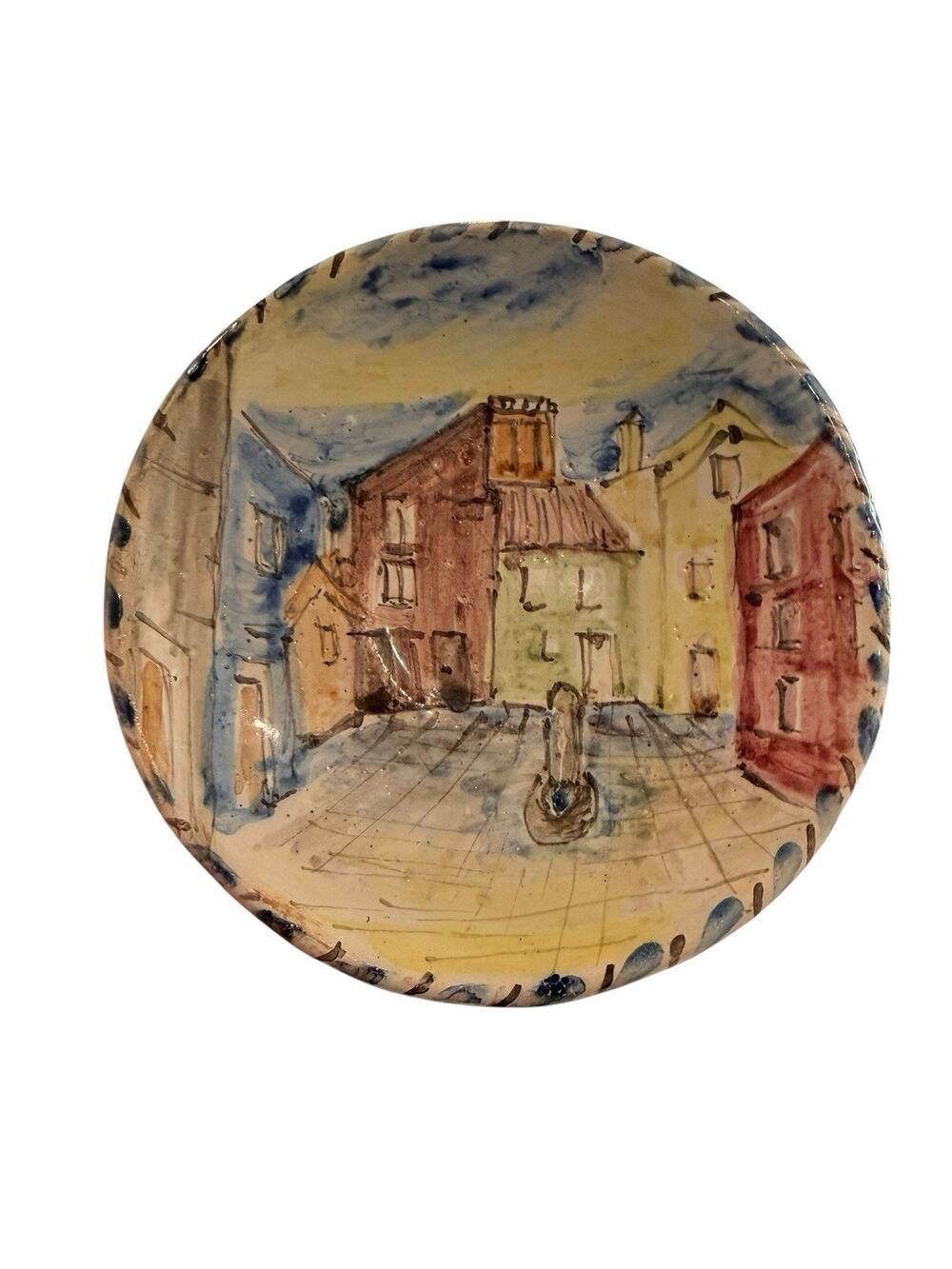 Handpainted Village Square Scene Vintage 6 Inch Diameter Pottery Signed Saucer
